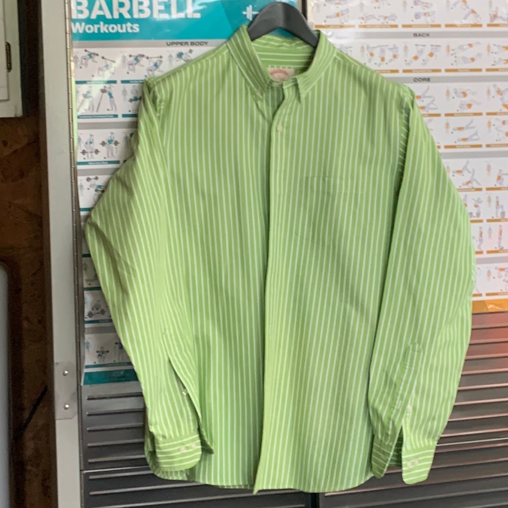 BROOKS BROTHERS - Mens L slim green. Stripe. Shite. Button down.